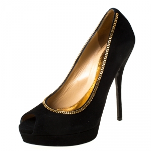 Pre Owned Gucci Black/Gold Suede Chain Peep Toe Platform Pumps Size 38