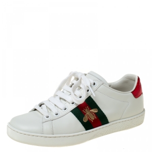 Gucci White Leather Ace Embroidered Bee Low Top Sneakers Size 34