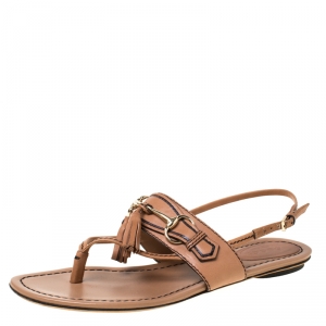 Pre Owned Gucci Brown Leather Tassel Horsebit Thong Flat Sandals Size 37