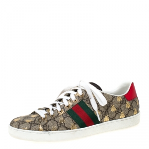 Gucci Brown/Beige GG Supreme Canvas Ace Bee Lace Up Sneakers Size 38.5