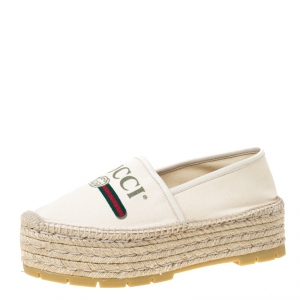 Pre Owned Gucci Off White Canvas Logo Platform Espadrilles Size 39.5