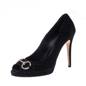 Pre Owned Gucci Black GG Suede Horsebit Peep Toe Pumps Size 39.5