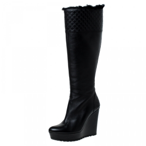 Pre Owned Gucci Black Microguccissima Leather and Fur Courtney Wedge Knee High Boots Size 36