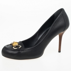 Pre Owned Gucci Black Leather 'Miss Bamboo' Horsebit Loafer Pumps Size 37