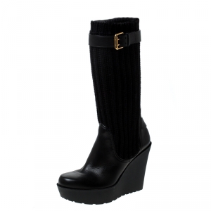 Pre Owned  Gucci Black Fabric and Leather Buckle Sock Wedge Boots Size 37.5