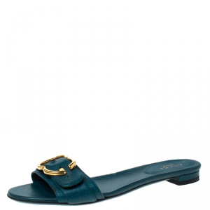 Pre Owned Gucci Dark Green Leather Interlocking G Buckle Slide Sandals Size 35.5