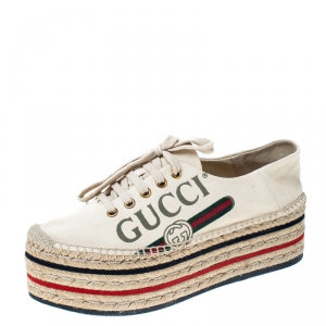 Gucci  Beige Canvas Platform Espadrille Lace Up Sneakers Size 37.5