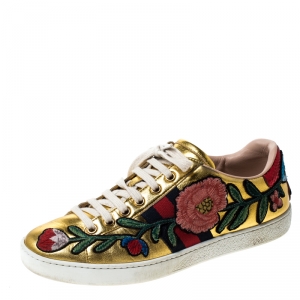 Gucci Metallic Gold Leather Ace Floral Web Lace Up Sneakers Size 36.5