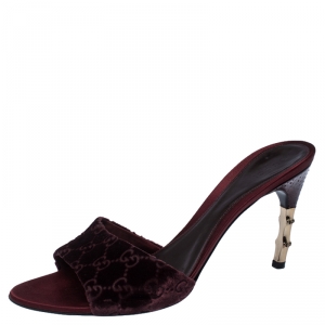 Pre Owned Gucci Burgundy GG Velvet and Snakeskin Bamboo Heel Slides Size 39