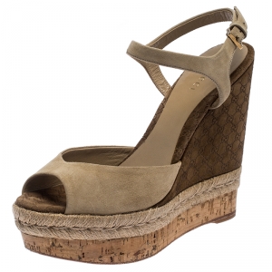 Pre Owned Gucci Beige Suede Guccissima Wedge Ankle Strap Sandals Size 39