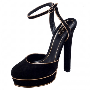 مملوكة مسبقًا Gucci Black/Gold Suede Huston Ankle Strap Platform Sandals Size 37