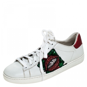 Gucci White Leather Sequins Lips Ace Low Top Sneakers Size 35