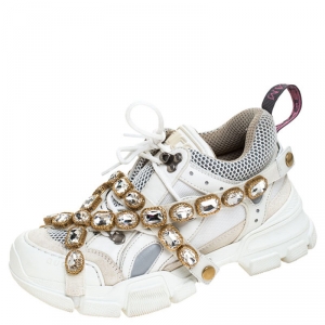 Gucci White Leather and Mesh Flashtrek Removable Crystals Sneakers Size 37