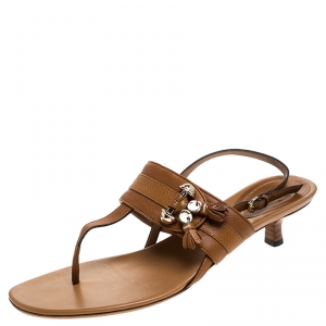 Pre Owned Gucci Brown Leather Marrakech Kitten Heel Ankle Strap Sandals Size 40