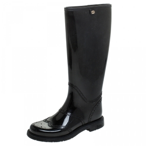 Pre Owned Gucci Black Rubber Aberdeen Brogue Detail Mid Calf Rain Boots Size 35