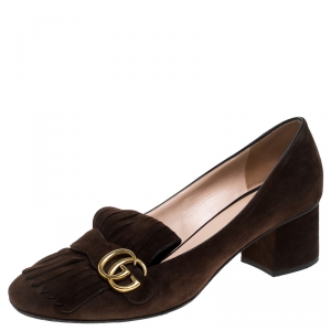 Pre Owned Gucci Brown Suede Leather GG Marmont Block Heel Pumps Size 42