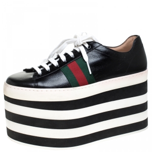 Gucci Black Leather Peggy Web Detail Platform Sneakers Size 36.5