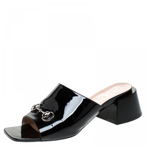 Pre Owned Gucci Black Patent Leather Horsebit Open Toe Sandals Size 42