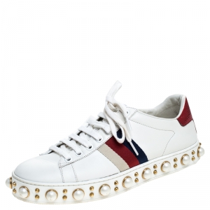 Gucci White Leather Python Trim Web Detail New Ace Faux Pearl Embellished Low Top Sneakers Size 36.5