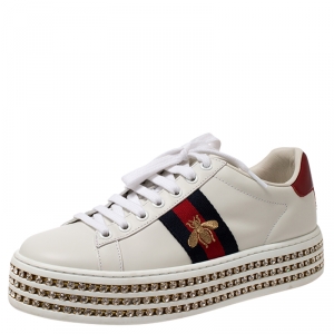 Gucci White Leather Crystal Studded Ace Lace Up Sneakers Size 36