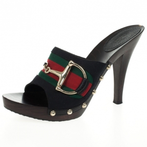 Pre Owned Gucci Black Guccissima ‘Icon Bit’ Web Detail High Heel Clogs Size 39.5
