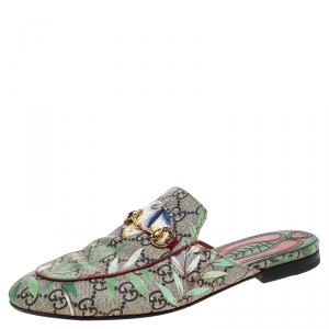 Pre Owned Gucci Beige GG Supreme Monogram Coated Canvas Tian Princetown Flat Mules Size 38