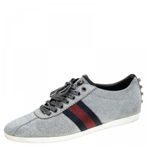 Gucci Metallic Grey Glitter Suede Web Low Top Sneakers Size 40