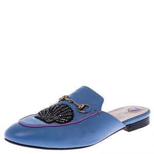 مملوكة مسبقًا Gucci Blue Leather Crystal Embellished Horsebit Princetown Loafer Slides Size 39