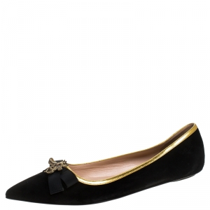 Pre Owned Gucci Black Suede Butterfly Bow Embellished Pointed Toe Ballet Flats Size 37.5