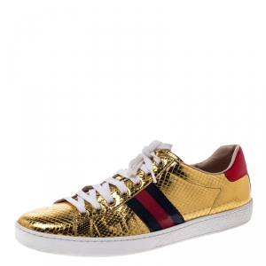 Gucci Metallic Python Embossed Gold Ace Lace Up Sneakers Size 40.5