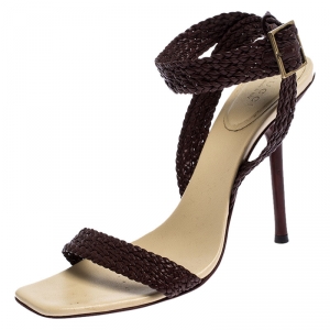 Pre Owned Gucci Beige/Burgundy Braided Leather Cross  Ankle Wrap Sandals Size 38