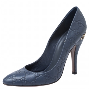 Pre Owned Gucci Blue GG Embossed Leather Round Toe Pumps Size 38