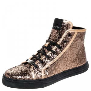  Gucci Metallic Gold Glitter California High Top Sneakers Size 37.5