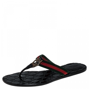 Pre Owned Gucci Black Guccissima Leather and Canvas GG Thong Web Sandals Size 37.5