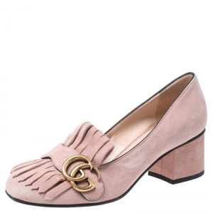 مملوكة مسبقًا Gucci Light Pink Suede GG Marmont Fringe Pumps Size 36