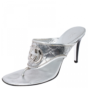 مملوكة مسبقًا Gucci Metallic Silver Guccissima Leather GG Thong Sandals Size 40