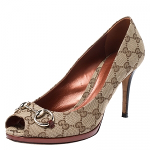 Pre Owned Gucci Brown Guccissima Canvas New Hollywood Horsebit Peep Toe Pumps Size 39.5