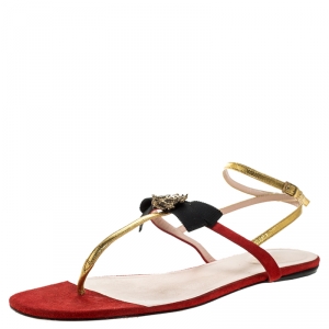 مملوكة مسبقًا Gucci Red/Gold Suede and Leather Moody Bow Thong Flats Size 40