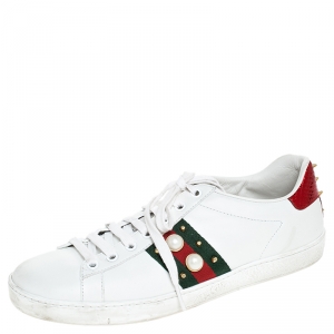 Gucci White Leather Python Trim Web Detail New Ace Faux Pearl Embellished Low Top Sneakers Size 39