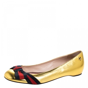 مملوكة مسبقًا Gucci Metallic Gold Leather Aline Web Bow Detail Ballet Flats 39.5
