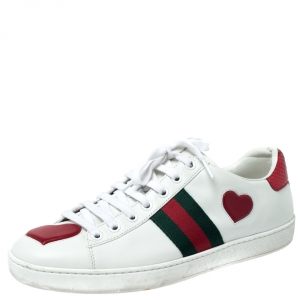 Gucci White Leather Ace Web Heart Detail Lace Up Sneaker Size 39