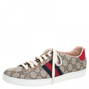 Gucci Brown/Beige GG Supreme Canvas And Python Trim Ace Lace Up Sneakers Size 39
