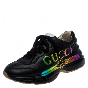 Gucci Black Leather Rhyton Multicolor Foil Logo Platform Sneakers Size 36.5