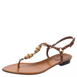 مملوكة مسبقًا صندل إصبغ غوتشي مزخرف بامبو جلد بني مقاس 38