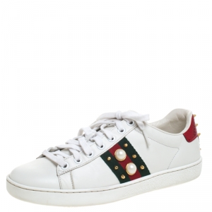 Gucci White Leather Python Trim Web Detail New Ace Faux Pearl Embellished Low Top Sneakers Size 37