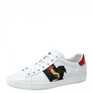Gucci White Leather and Metallic Python Trim Rooster Web Detail Ace Sneakers Size 38