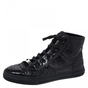  Gucci Black Glitter Fabric And Leather Trim California High Top Sneakers Size 36.5