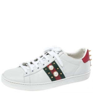 Gucci White Leather Python Trim Web Detail New Ace Faux Pearl Embellished Low Top Sneakers Size 38