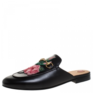 مملوكة مسبقًا Gucci Black Floral Embroidered Leather Princetown Mules Size 38.5