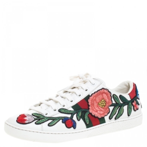 Gucci White Floral Embroidered Leather Ace Low Top Sneakers Size 39